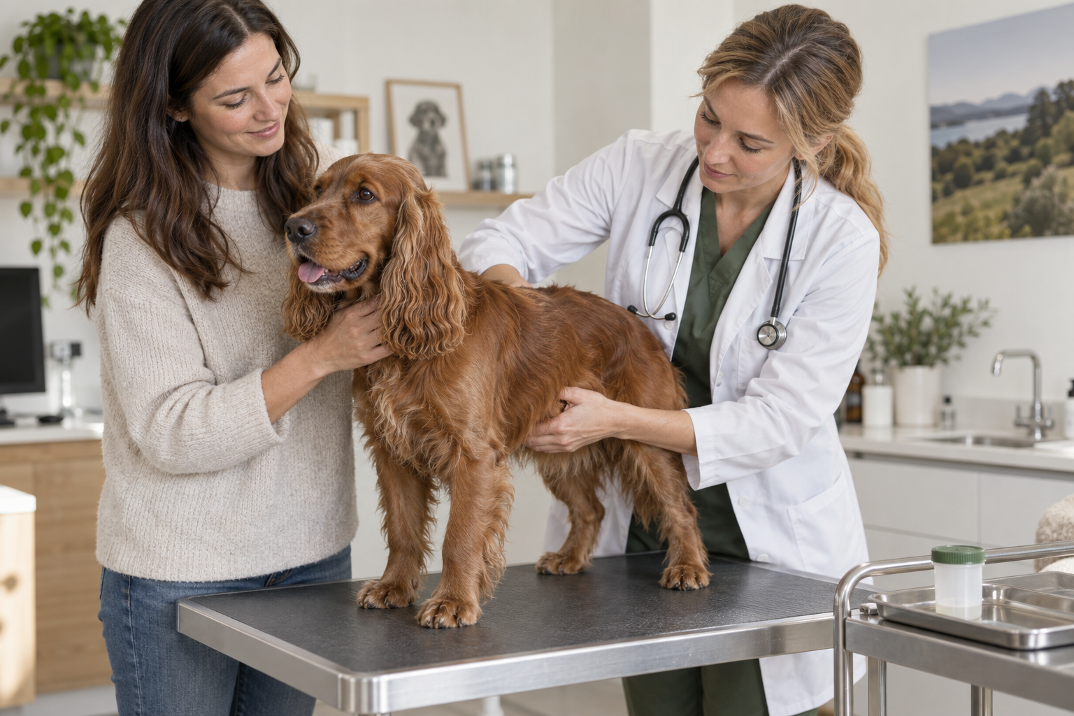 Veterinárka vyšetruje brucho psa pri tráviacich ťažkostiach